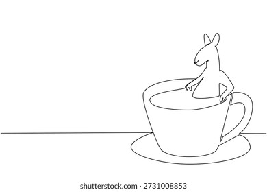Dibujo de una sola línea de lindo canguro presenta el animal salvaje empapado en taza de café para el concepto de naturaleza. El diseño minimalista representa un tema del día internacional del zoológico para la decoración de eventos infantiles