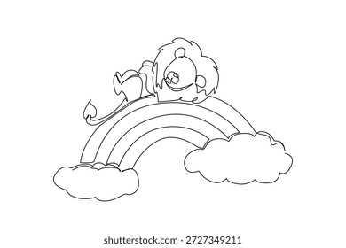 Dibujo de una sola línea de un lindo león dormido supino en un arco iris. El concepto de Naturaleza y la obra de arte única presenta el mamífero de la vida silvestre que descansa sobre las nubes, ideal para la decoración de la guardería infantil y la decoración de la pared