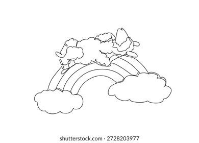 Dibujo de una sola línea de adorable alpaca en sueño supino sereno, descansando suavemente en el arco iris minimalista. Perfecto para el concepto único de la naturaleza de la decoración de los niños, el arte de la decoración de la pared de la habitación y la papelería de los niños