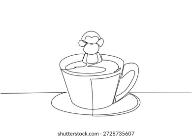 Dibujo de una sola línea de mono lindo presenta animales juguetones empapados en taza de café para el concepto de naturaleza. Diseño de simio adorable minimalista representa un tema de día de café internacional para la decoración de eventos para niños