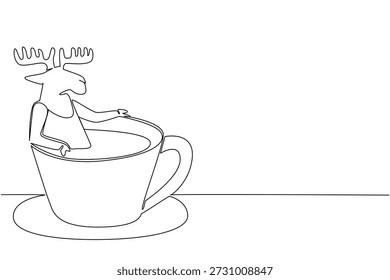 Einzeilige Zeichnung von niedlichen Elch Features wilden Nationalpark Tier Einweichen in Kaffeetasse für Naturkonzept. Minimalistisches Design steht für internationales Waldtag-Thema für Kinder-Event-Dekoration