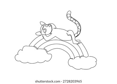 Dibujo de una sola línea de lindo lémur juguetón durmiendo supino en un arco iris con nube, larga cola de rayas rizada. Adorable obra de arte de primate para el cartel del zoológico, Madagascar animal set, y papelería para niños