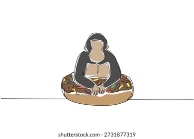 Dibujo de una sola línea de lindo animal juguetón muestra gorila gris sentado dentro de la rosquilla dulce para el concepto de postre de lujo. El arte colorido es perfecto para el tema del día internacional de la comida con un simio fuerte adorable
