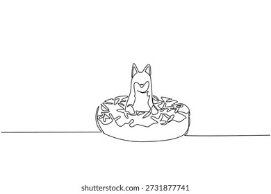 Single line drawing of cute playful fox depicts small rainforest animal sitting inside a donut for fancy pastry concept. Simple illustration fits international food day theme for forest animal lover