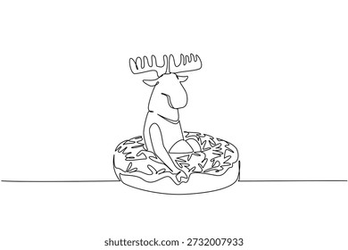 Einzeilige Zeichnung von niedlichen verspielten Elch Features wilden Geweih Wald Tier sitzt in glasierten Donut für Lebensmittel-Konzept. Minimalistisches Design von Kinderschreibwaren für den internationalen Tag der Tierwelt