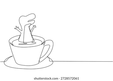 Desenho de linha única de dinossauro rugido bonito t rex apresenta animal extinto embebido em xícara de café para o conceito pré-histórico. Design minimalista representa o tema do dia de museu internacional para o evento de crianças
