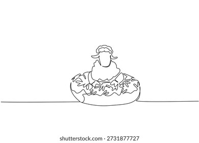 Desenho de linha única de ovelhas bonitas apresenta o animal fofo sentado dentro de rosquinha vidrada para o conceito de massa extravagante. Design minimalista representa tema de dia internacional da comida para decoração de eventos infantis
