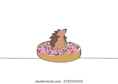 Dibujo de una sola línea de animal espinoso lindo muestra erizo marrón acostado dentro de la rosquilla dulce para el concepto de comida de lujo. El arte colorido es perfecto para un tema del día internacional de la comida con mamíferos del bosque