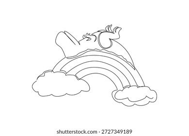 Dibujo de una sola línea de lindo animal rex durmiendo en una posición supina en el arco iris para el concepto de naturaleza. Obra de arte única presenta dinosaurio prehistórico de fantasía descansando sobre las nubes en un estilo