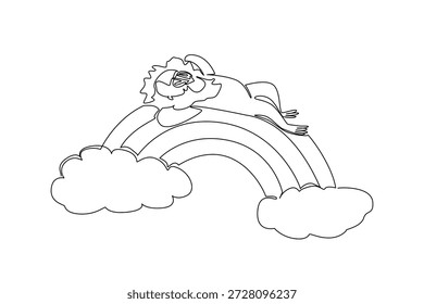 Single line drawing of cute unique mandrill sleeping supine on a rainbow. Nature concept illustration shows a rainforest theme for primate conservation. Minimalist graphic for zoo education