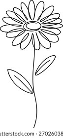 Desenho de linha única de uma flor de margarida com caule e folhas