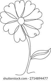 Single line drawing of a daisy flower with stem and leaf