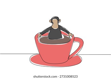 Einzeilige Zeichnung des dunklen Schimpansen für ein Naturkonzept zeigt süße Primaten Tier Einweichen in Kaffeetasse. Bunte Kunst steht für ein internationales Affentag-Thema mit einem verspielten Affen
