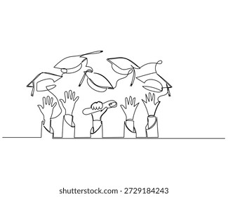 Single line drawing depicting multiple hands excitedly tossing graduation caps into the air, symbolizing academic achievement and the joy of completing education The minimalist style conveys a sense of celebration and future opportunities