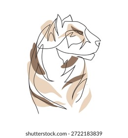 Dibujo de una sola línea que representa la vista lateral de la majestuosa cara del tigre con modernos parches de color de tono terroso. Abstractas estilo de arte de vida silvestre.