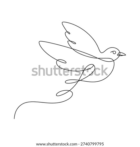 A single line drawing depicts a bird in graceful fluid flight