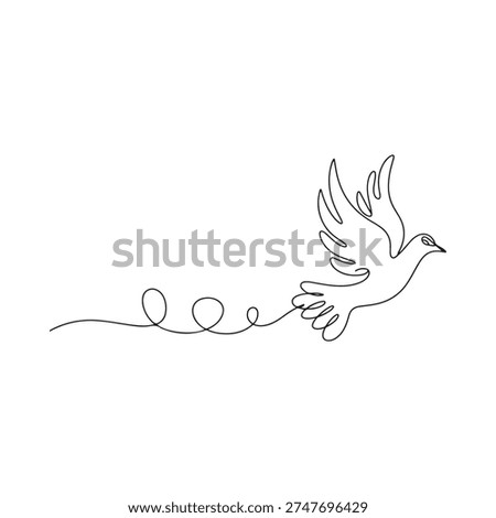 A single line drawing depicts a dove in graceful mid flight motion