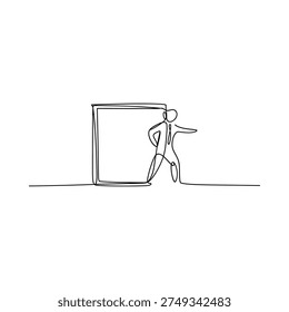 A single line drawing depicts a stick figure emerging from a rectangular frame