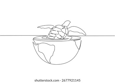 Single line drawing depicts a turtle rising from an Earth shaped bowl of water, symbolizing marine conservation. A strong nature concept illustration for World Oceans Day environmental awareness.