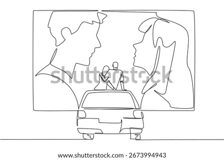 Single line drawing design concept for National Drive In Movie Day, showing a couple seated on their car roof watching a romantic film, symbolizing love, nostalgia, and outdoor cinematic charm.