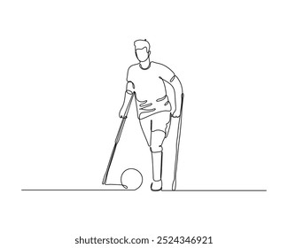 Un dibujo de una sola línea de un atleta determinado en una silla de ruedas, mostrando su fuerza y determinación a medida que corren hacia adelante. Poder unificador e inspirador del deporte, trascendiendo