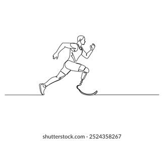 Desenho de linha única de um determinado atleta com uma perna protética correndo, simbolizando perseverança e superando desafios