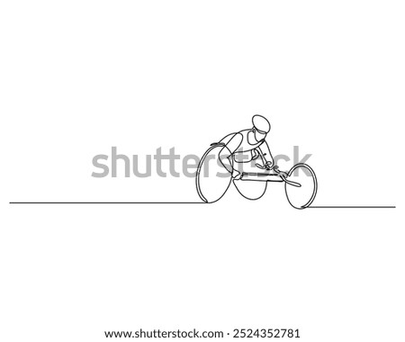 Single line drawing of a determined athlete in a wheelchair, showcasing their strength and determination as they race forward. The image symbolizes the power of sports to unite and inspire