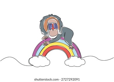 Single line drawing of distinctive mandrill primate with characteristic facial features, lounging across a rainbow arc rests on soft, minimalist clouds. Nature concept for cute rainforest wild animal