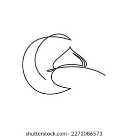 Single line drawing of Dome Mosque and Moon crescent. Vector illustration of Mosque Line for icon, symbol, logo ramadan kariem, tarawih, eid mubarok, muslim, islam. Mosque Icon. Ramadan Eid Line. 