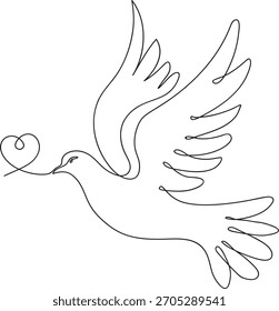 Single line drawing of a dove carrying a heart bird.