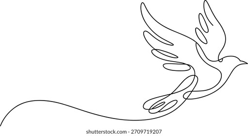 Dibujo de una sola línea de una paloma en vuelo pájaro volando