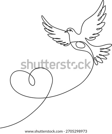 Single line drawing of a dove flying with a heart trail.