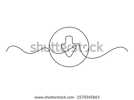 A single line drawing of a down arrow. Continuous line down arrow icon. Vector illustration