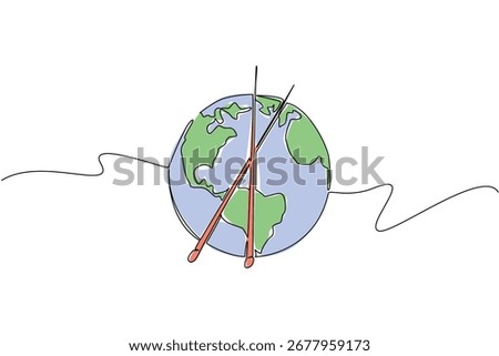 Single line drawing of the Earth crossed with knitting needles symbolizes creativity, unity, and the nature concept, designed to represent Worldwide Knit in Public Day as a global craft event.