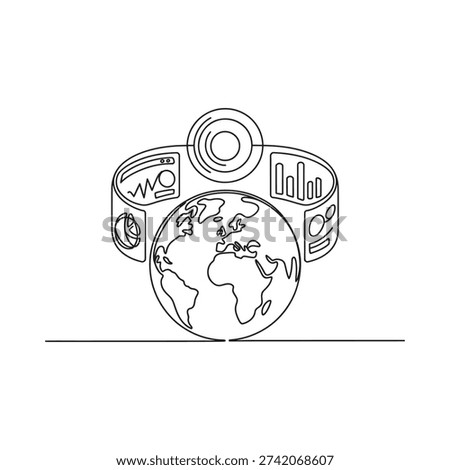 A single line drawing of earth encompassed by a digital bracelet
