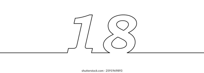 A single line drawing of a eighteen symbol. One line icon. Continuous line eighteenth number icon. Vector illustration.