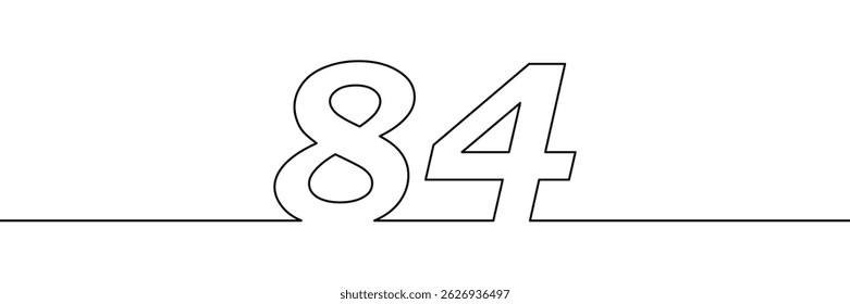 A single line drawing of a eighty four symbol. One line icon. Continuous line eighty fourth number icon. Simple black outline of the number 84. Vector illustration