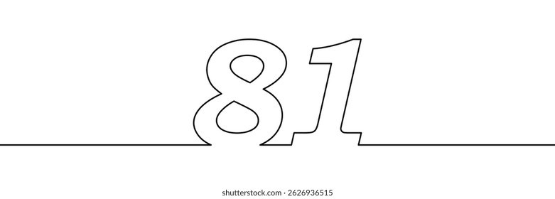 A single line drawing of a eighty one symbol. One line icon. Continuous line eighty first number icon. Simple black outline of the number 81. Vector illustration