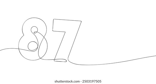 A single line drawing of a eighty seven symbol. Continuous line eighty seventh number icon. One line icon. Vector illustration.