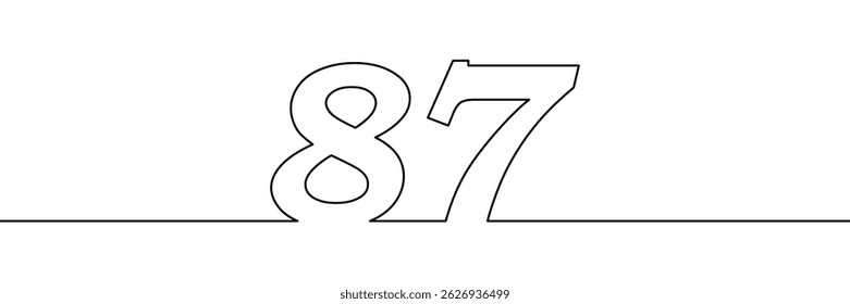 Um único desenho de linha de 87 símbolos. Ícone de uma linha. Ícone de sétimo número da linha contínua. Simples contorno preto do número 87. Ilustração vetorial