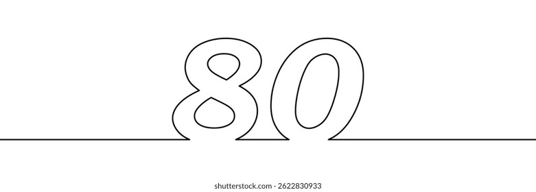 A single line drawing of a eighty symbol. One line icon. Continuous line eightieth number icon. Simple black outline of the number 80. Vector illustration
