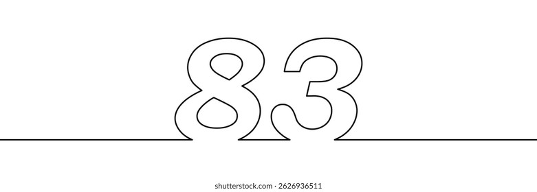 A single line drawing of a eighty three symbol. One line icon. Continuous line eighty third number icon. Simple black outline of the number 83. Vector illustration