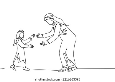 Dibujo de una sola línea Un hombre mayor y un niño con una bata y un turbante corren cara a cara mientras se preparan para abrazarse. Moda musulmana masculina moderna en ilustración vectorial. Diseño moderno de líneas continuas