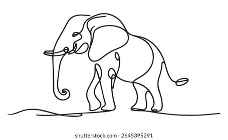 Single line drawing of elephant with tusk, simple illustration for art