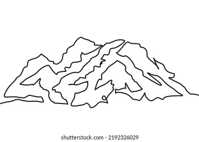 Single Line Drawing Of Extreme Steep Rocky Mountain. Vector Illustration Of Rugged Rocky Mountain Hard To Reach For Icon, Symbol, Logo, Emblem. Simple Line Linear Vector For Adventure And Camping.