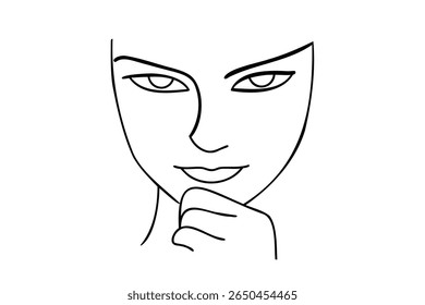 Single line drawing a face with hand under chin in on contour