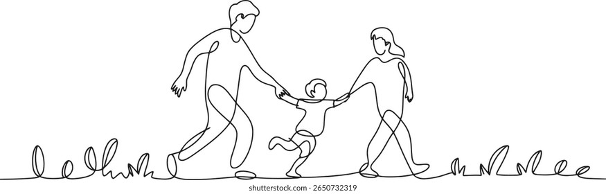 Single Line Drawing of a Family Walking Together Holding Hands Outdoors with Minimalist Grass a Sweet and Tender Moment