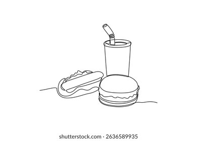 Single line drawing of fast food menu including hamburger, hot dog and soda, ideal for restaurant, cafe or menu design