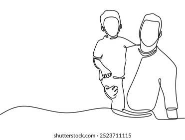 Single line drawing of a father carrying his child on his shoulders. Minimalist depiction of family fun. Vector illustration.