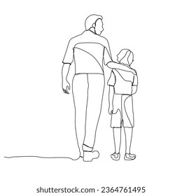 Single line drawing of father and his children holding hands out line vector art illustration